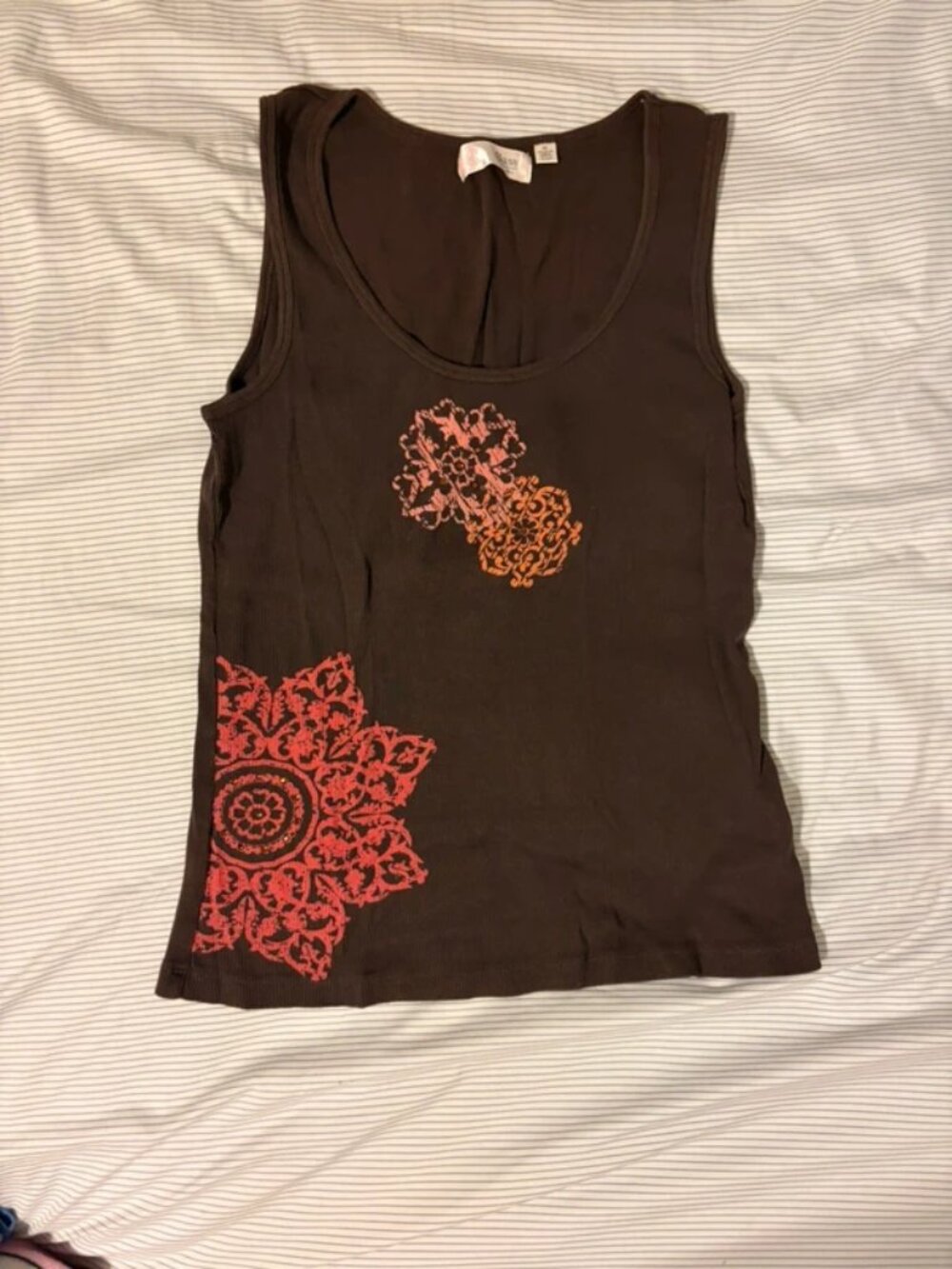 100% Cotton Bass Brown Tank Top with colorful floral patterns